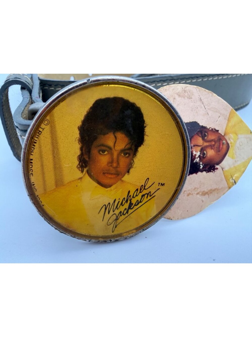 Vintage 1984 Michael Jackson Lee Portrait Belt Buckle Olive Leather Belt 35in US - Picture 2 of 6